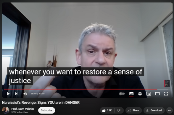 https://www.youtube.com/watch?v=ZGHme5zuJSA
Narcissist's Revenge: Signs YOU are in DANGER


287,520 views  21 Dec 2023  Victims and Victimhood
Frustration is perceived as narcissistic injury or even mortification. It breeds intolerable anxiety and stress which result in decompensation, emotional dysregulation (BPD self-state), and acting out (secondary psychopathic self-state). 

Low frustration threshold and tolerance lead to desperate attempts to eliminate the source via externalized and reckless aggression culminating in violence (coercive snapshotting).  

Narcissist perceives frustration as emanating from the inside. His aggression is actually an attempt to reduce dissonance and anxiety. 

Walking away won’t do the trick because narcissists interact exclusively with internal objects, dehumanizing and objectifying others.