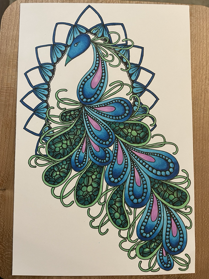 Drawing of a peacock with a blue stylized frame in the background, peacock is coloured in blue and green feathers with purple accents 