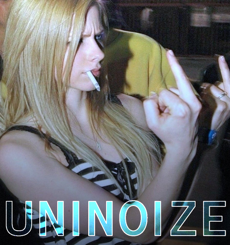 Avril Lavigne giving both middle fingers with cigarette in mouth, text=UNINOIZE