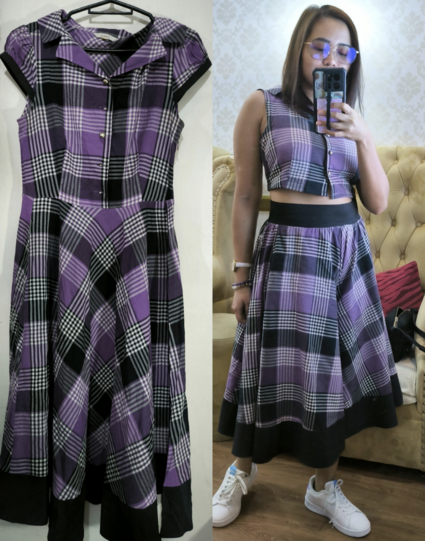 Before: Outdated purple plaid dress with cap sleeves. Church vibes. After: sleeveless crop top and loose pants coordinates.