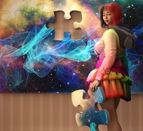 Standing by a large wall puzzle