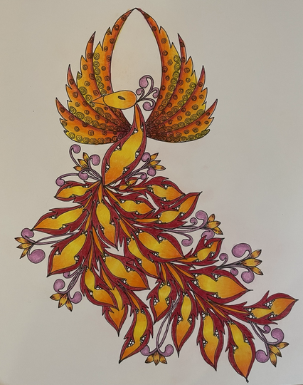 Drawing of a phoenix with outstretched wings and flame-like tail feathers, coloured in red and gradients of orange to yellow 
