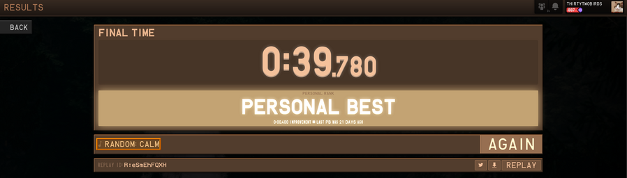 A screenshot of the Tetr.io 40 line sprint results with a personal best of 39.78 seconds.