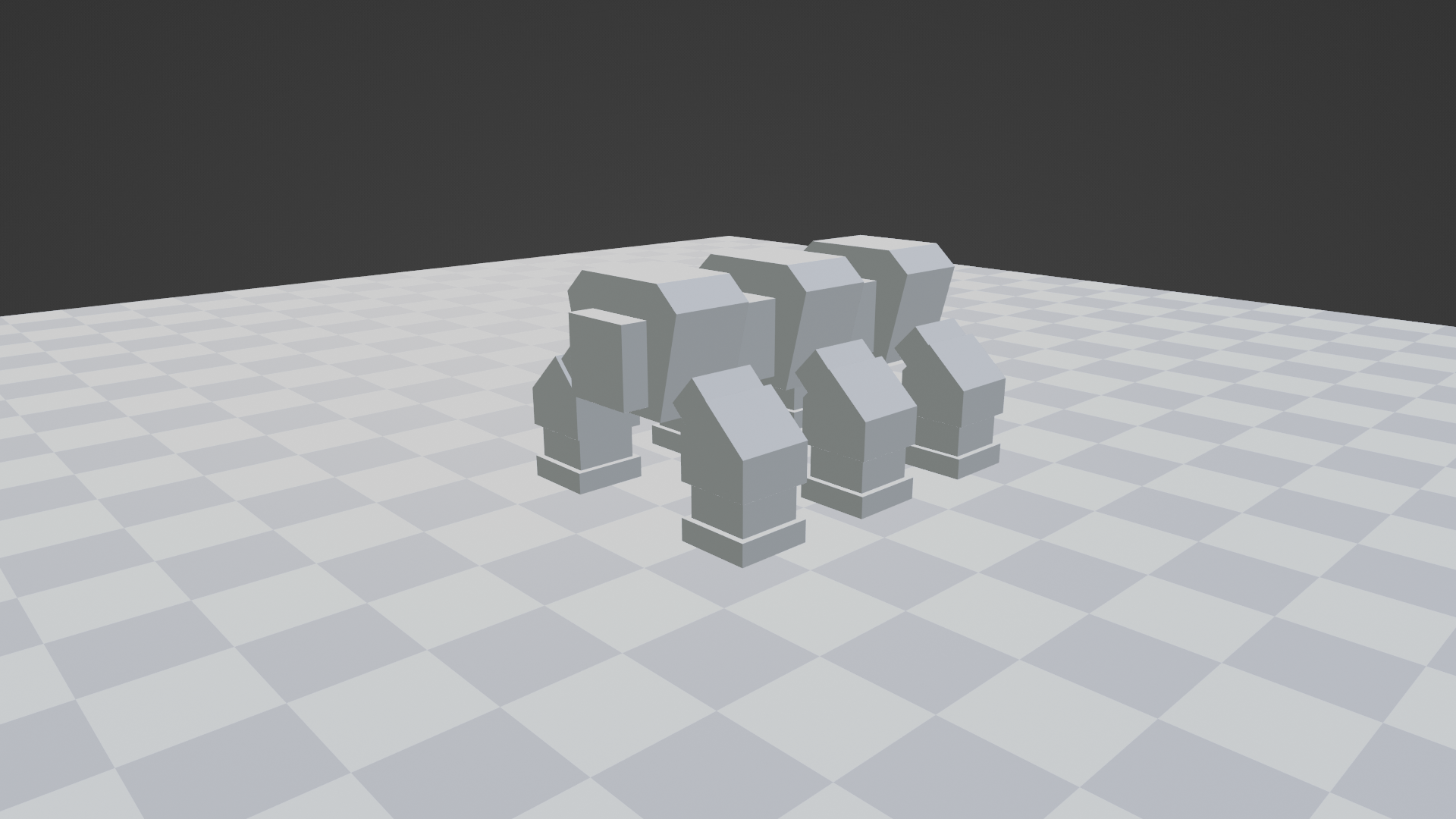 A rough blocking of a low poly six-legged robot standing on a chequered floor