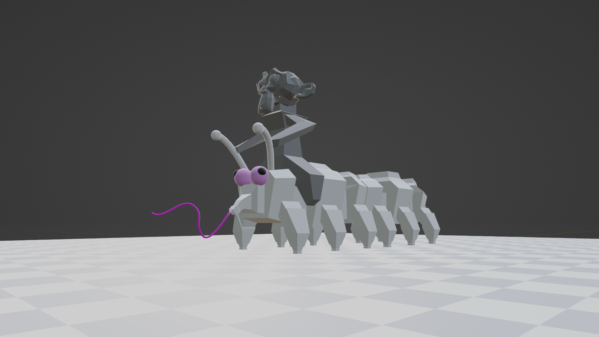 The six legged creature now turned into a twelve legged creature, with bulbous eyes, antennae, and a long bendy tongue. Riding atop is a low poly monkey using Blender's Suzanne for a head