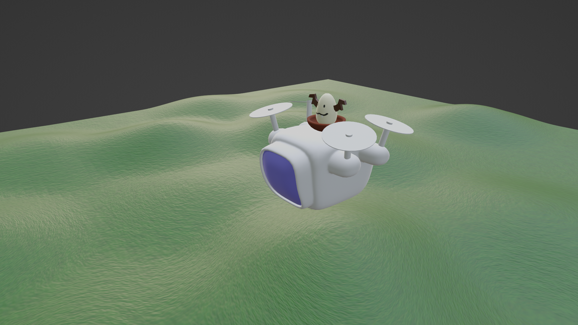 The drone now has what appears to be spinning rotors attached to the protrusions, and is being ridden by a Bat Egg as it floats above green hills