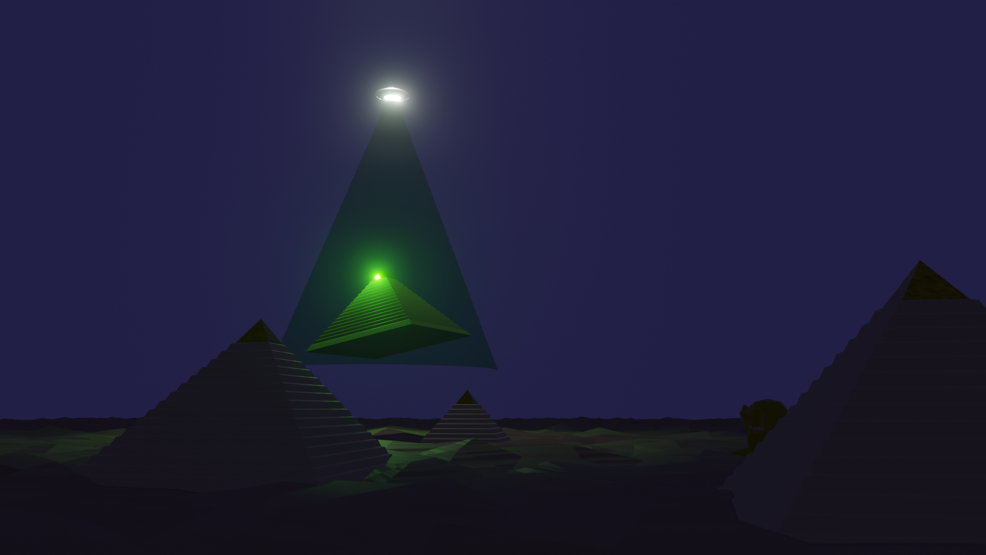 A night desert scene where pyramids and a sphinx (with Suzanne's head, of course) look on as a silver flying saucer levitates a pyramid into the air with a green beam