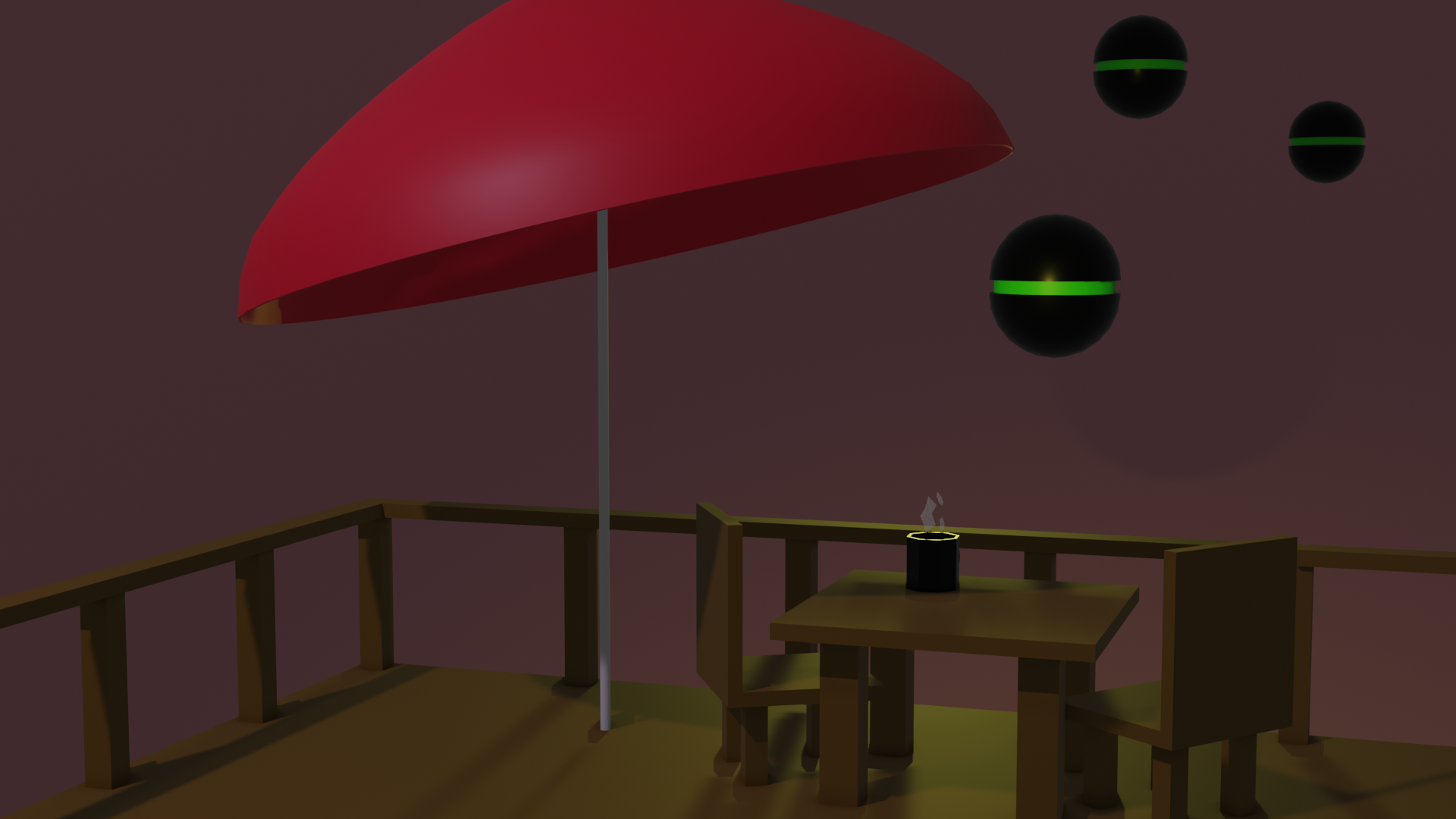 A low poly scene of a steaming mug on a table with two chairs, beneath a red parasol on a balcony. In the distance hover three floating orbs with green bands