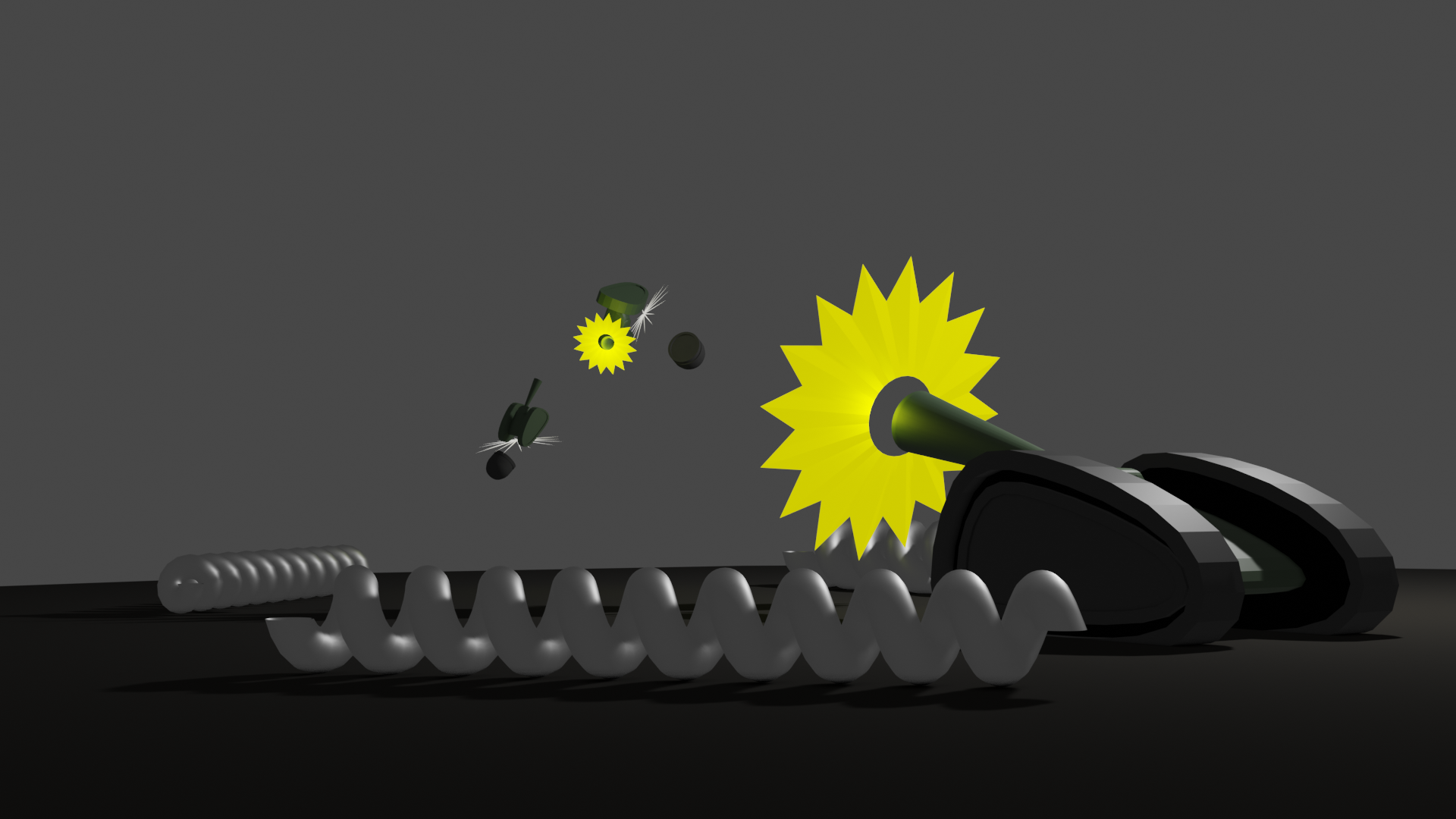 Three tanks shoot at each other, two in the distance being knocked by large projectiles. Cartoony yellow starbursts emit from the shooting tanks' barrels