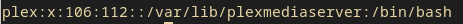 A screenshot of my /etc/passwd file, showing that the user "plex" does indeed have the /bin/bash shell set as default.