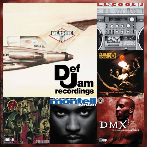 Def Jam records collage: Montell Jordan, DMX, Public Enemy, LL Cool J, Slayer, Beastie Boys album covers