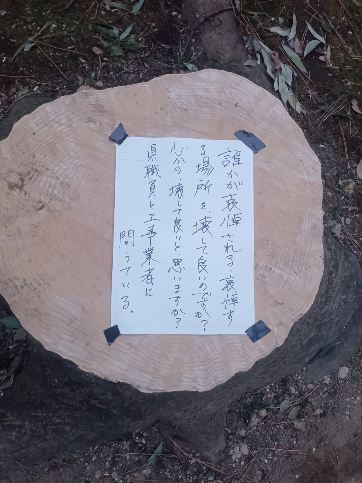 撤去工事のために切り倒された木の切り株に張り紙メッセージ。『誰かが哀悼される、哀悼する場所を壊して良いのですか？心から、壊して良いと思いますか？県職員と工事業者に問うている』