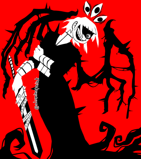a flat-color digital illustration of crona, inspired by the manga! On a red background, a person in a black gown with black, broken wings. The person is holding a sword, they are smiling widely, only one of their eyes shows as the rest of their face is hidden, there are three eyes floating above their head.