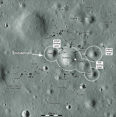 A map of the Apollo 12 landing site showing possible landing points and the paths astronauts might follow from each point.  A distinctive pattern of craters was called The Snowman.