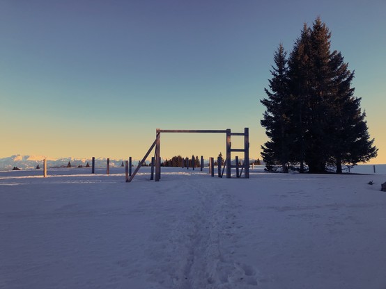 The trail in the snow on an open space in the mountain