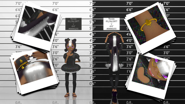 Reference sheet of my new character, the skunk girl Tocsin. Mocked up as front/back and 4 individual photo mugshots.
