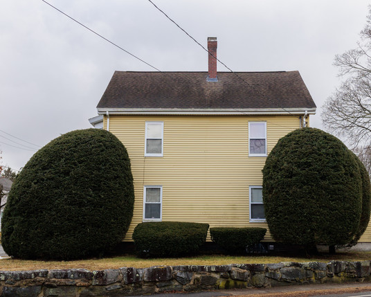 Color photo of a plain yellow house framed on the sides by two large, round yews.