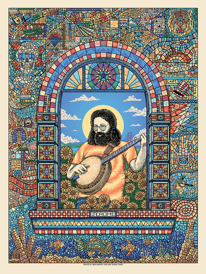 an illustration of jerry garcia, seen through an arched window, lots of mosaics on the wall all around him, the sky behind him blue, a really colorful and psychedelic painting, he is playing a banjo, sunflowers around him 