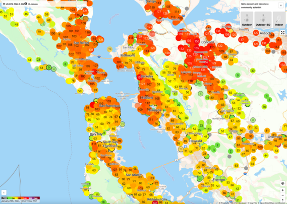 Map of the greater SF bay area showing a lot of yellow, orange and red readings from PurpleAir sensors.