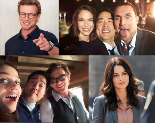 Smiling cast members of the Mentalist TV show sending greetings.