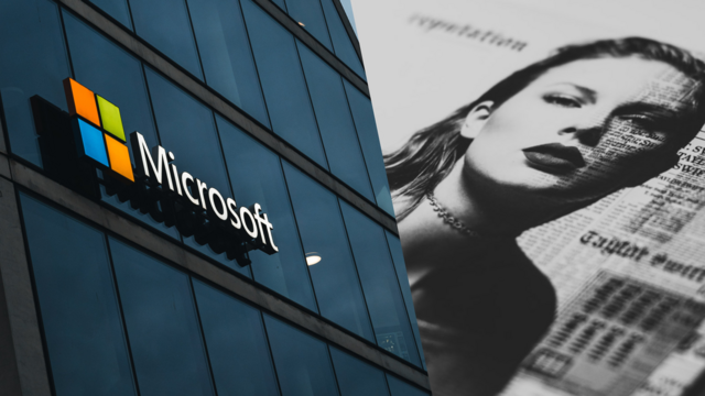 PEXELS / UNSPLASH / COLLAGE BY 404 MEDIA Microsoft logo on a building and a black-and-white picture of Taylor Swift with newspaper print over it