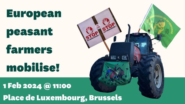 📅 Jeudi 1er Février à 11h00 📍 Place du Luxembourg à Bruxelles  📢 MOBILISATION PAYSANNE 🇪🇺 🚜 @ECVC1 @via_campesina  ✊ Revenu équitable pour tous ! ⛔ #StopEUMercosur et #StopALE ! ✅ http://SouveraineteAlimentaire.eu  ➡️ +infos: https://shorturl.at/msCW6  #RevenuPaysan #StopLibreEchange 