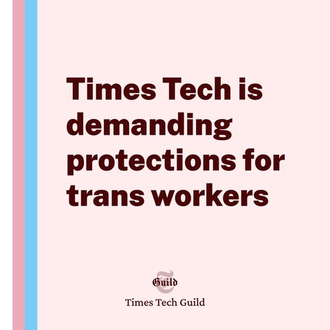 A graphic design with bold text on a light pink background, with white, pink and blue vertical stripes on the left, and the Times Tech Guild logo on the bottom center. The text reads, “Times Tech is demanding protections for trans workers”