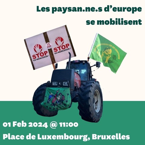 📢 MOBILISATION PAYSANNE 🇪🇺
📅 Jeudi 1er Février à 11h00 🚜
📍 Place Luxembourg à Bruxelles 
✊ Revenu équitable pour tous!
⛔ #StopEUMercosur et #StopALE !
✅ SouveraineteAlimentaire.eu
➡️ +infos: https://shorturl.at/msCW6
ⓕ FB Event: https://facebook.com/events/s/call-to-action-1-feb-1100-plac/1485793652005331
#⃣ #RevenuPaysan #StopLibreEchange
http://ViaCampesina.eu