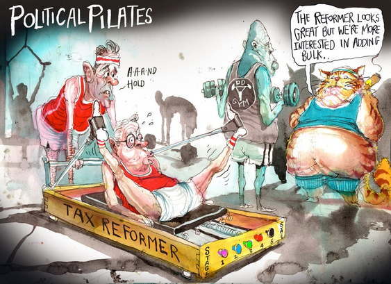 POLITICAL PILATES
the key players in the (PD GYM). Shadow on the wall show a player in a seated pulldown, with his dog sniffing the heavy barbell on the floor. Jim Chalmers is helping Albo work out in his TAX REFORMER seat roller in his workout box,  STAGE buttons 1, 2 3, 4, 5 STAGE, feet in cable stretch row, pulls out, Chalmers: "A-A-A-ND - HOLD". Dutton with his back to them working his dumbbells. The fat cat gym owner with his cigar in hand: 
"THE REFORMER LOOKS GREAT BUT WE'RE MORE INTERESTED IN ADDING BULK..."