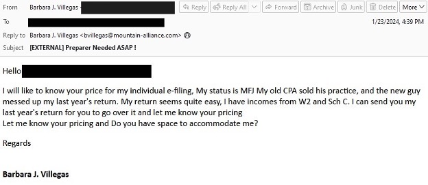 tax-theme lure purporting to request information for individual e-filing.