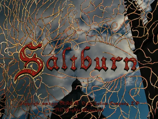 Saltburn lettering design by Katie Buckley, title card. Letters in red overlaid on image of sky with clouds in sunset or sunrise with dark cupola and tower of buildings in dark silhouettes. A vine in gold covering the image, overlaying. The S is bordered in gold and every letter has an internal filament in gold.