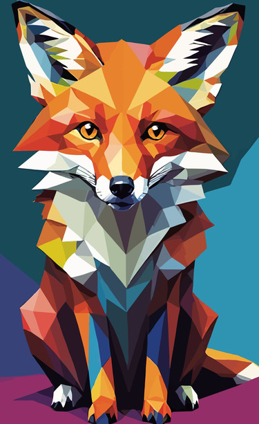 A cunning fox depicted in vibrant pop art style, with bold colors and dynamic shapes, capturing the sly and mischievous nature of the clever creature. This artwork embodies the fox's cunning intelligence and playful spirit, portrayed through striking visual elements that evoke a sense of wit and charm.