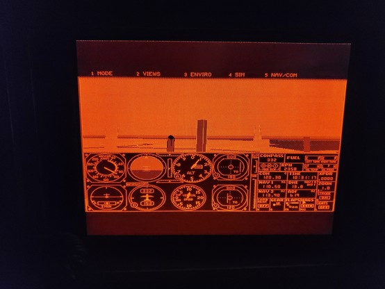 A brightly glowing monochrome red-and-black primative 3D rendition of Chicago in Flight Simulator 4.0.