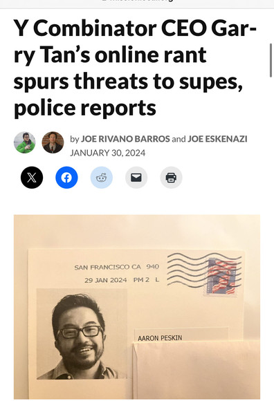 article about San Francisco supervisors getting threatening letters referring back to the threatening tweet made by the asshole Garry Tan.