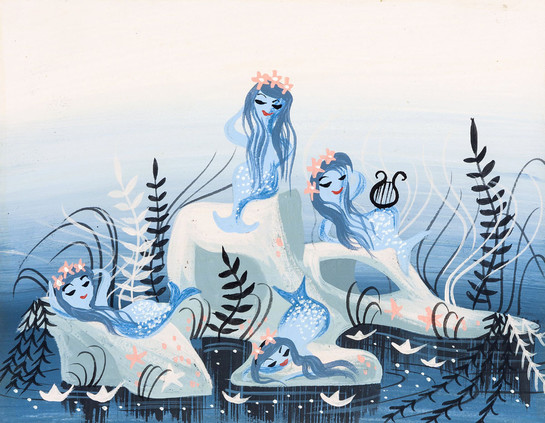 Painting of blue mermaids lounging on rocks surrounded by water by Mary Blair