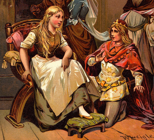 Illustration of Cinderella trying on the glass slipper as the Prince watches in astonishment