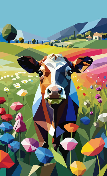 A vibrant pop art painting of a cow grazing in a flowery meadow. The bold, contrasting colors and dynamic lines capture the idyllic scene in a modern, eye-catching style. The cow's peaceful presence amidst the colorful flowers evokes a sense of harmony and natural beauty.