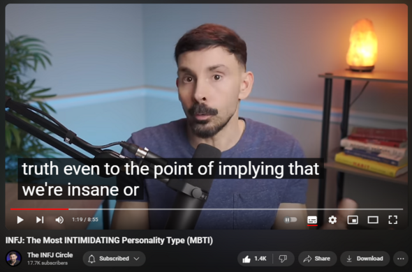 https://www.youtube.com/watch?v=p3T26C9dQQo
INFJ: The Most INTIMIDATING Personality Type (MBTI)

16,376 views  22 Jan 2024
In this video I discuss 6 reasons why the INFJ is the most intimidating MBTI personality type. Some of the reasons we are so "scary" to others tend to fly under the radar. However, once you understand our abilities - I promise you'll have a better understanding of our fear factor!

Sign up for my INFJ Circle Newsletter here:

https://theinfjcircle.com/email/