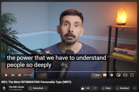 https://www.youtube.com/watch?v=p3T26C9dQQo
INFJ: The Most INTIMIDATING Personality Type (MBTI)

16,376 views  22 Jan 2024
In this video I discuss 6 reasons why the INFJ is the most intimidating MBTI personality type. Some of the reasons we are so "scary" to others tend to fly under the radar. However, once you understand our abilities - I promise you'll have a better understanding of our fear factor!

Sign up for my INFJ Circle Newsletter here:

https://theinfjcircle.com/email/
