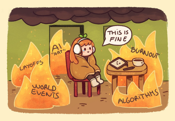 This is a comic about how artists are getting burned down in 2024 by AI, burnout, stress, algorithms,  layoffs, and more. Yet the artist says, “This is fine”. 