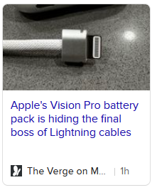 A picture of the wide lighting cable that charges an apple vision Pro battle pack.
The image is captioned "Apple's Vision Pro battery pack is hiding the final boss of Lightning cables."