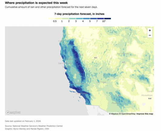 Map of 7-day total precipitation around California. Values up to 10 inches. 