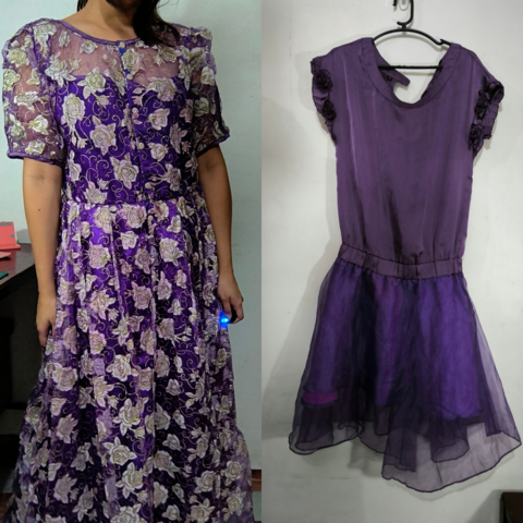Left is an old fashioned floral gown in purple and right is a girl's dress with a shimmery purple skirt