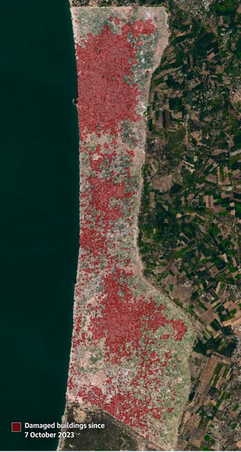 Map showing, in red, all of the building destroyed on Gaza so far. Almost the entire map is red.