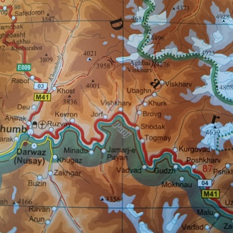 Landkarte mit einem Teil des Pamir Highways.