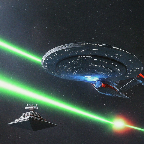 Prompt: Make it a photo of a starship similar to the Enterprise firing phasers at a destroyer similar to spaceships in the Star Wars universe.