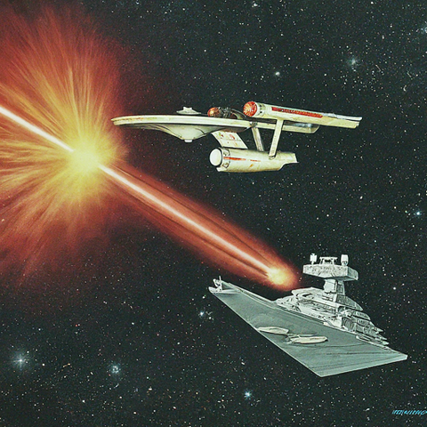 Prompt: Make it a photo of a starship similar to the Enterprise firing phasers at a destroyer similar to spaceships in the Star Wars universe.