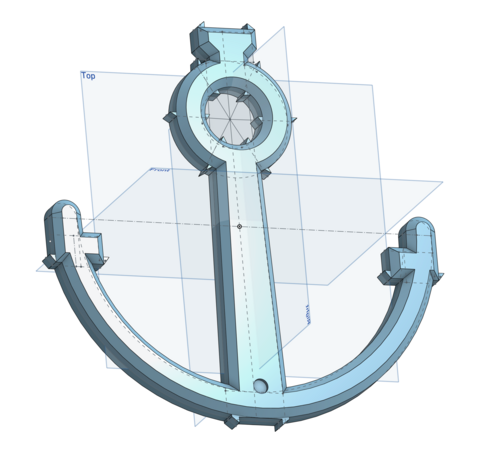 An OnShape CAD drawing of a simplified boat anchor with chamfered edges and lots of little spikes for lining up calipers.