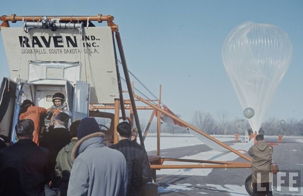 On February 2 in 1966, Nick Piantanida, an amateur parachute jumper from New Jersey made the second attempt to break the world free-fall record jumping from a stratospheric balloon.

The mission was launched from Joe Foss Field near Sioux Falls, South Dakota, and reached an unprecedented altitude of 123,500 feet. From that height he had planned to parachute but was unable to disconnect himself from his oxygen line. He aborted the jump and detached from the balloon, returning to earth in the gondola. Because he did not return to earth with his balloon, his absolute altitude record remained unofficial.

Piantanida would suffer an accident during the third attempt that would lead him to a four months comma and later death in August that same year.