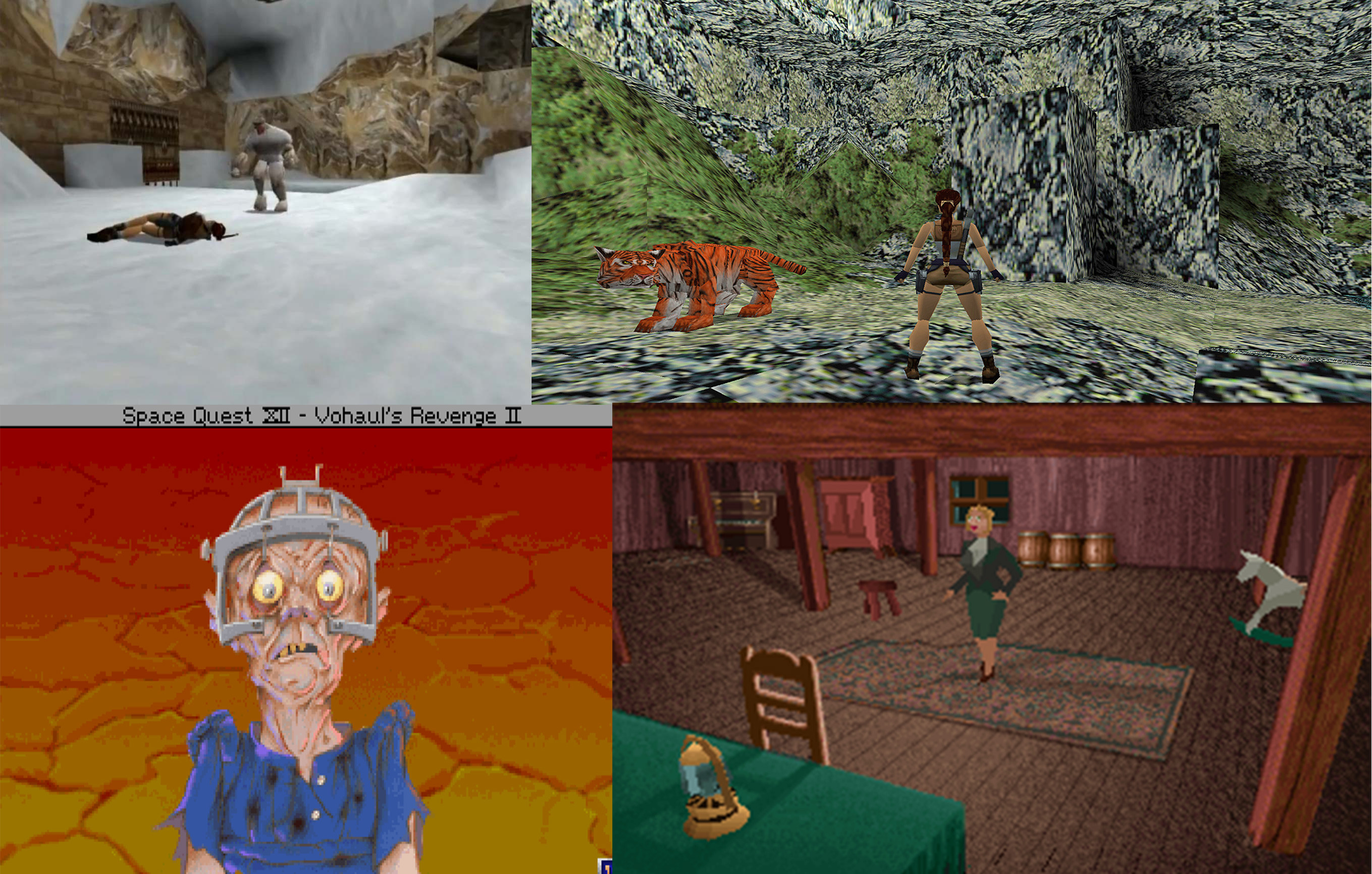 A collection of screenshots. Old school video game terrors: Tomb Raider Yetis, Tomb Raider’s Great Wall level, the sad zombie in Space Quest XII, and Alone In the Dark (original).
